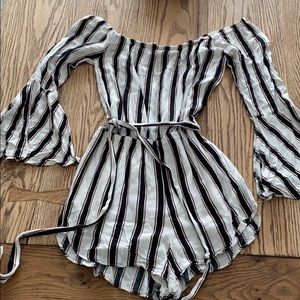 Black white and pink striped romper
